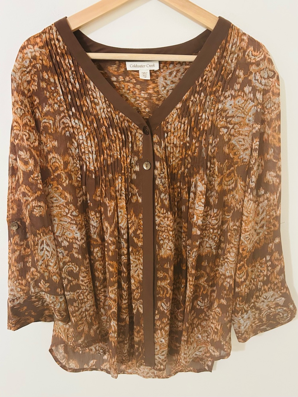 Coldwater Creek Chiffon Pleated Blouse Brown Ikat Damask PXL 18